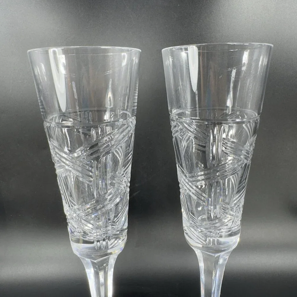Mikasa Crystal Cross Track Clear Tall Crystal Glass Flute Drinking Glasses Set 2
